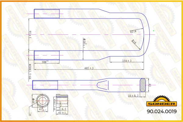 Стремянка рессоры Sonder 90.024.0019 М30×3,5, длина 405 мм, ширина 95 мм