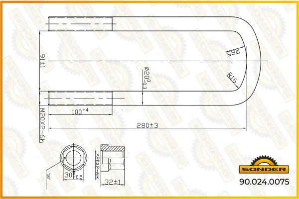 Стремянка рессоры MAN TGA, TGS Sonder 90.024.0075, резьба М20×2, с гайками