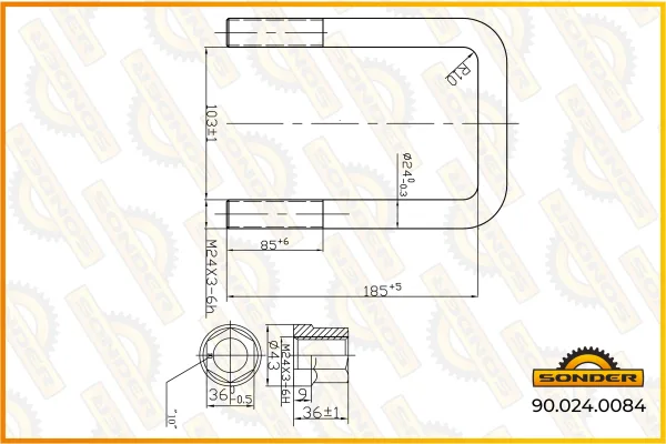 Стремянка рессоры Volvo Sonder 90.024.0084, резьба М24×3, длина 185 мм