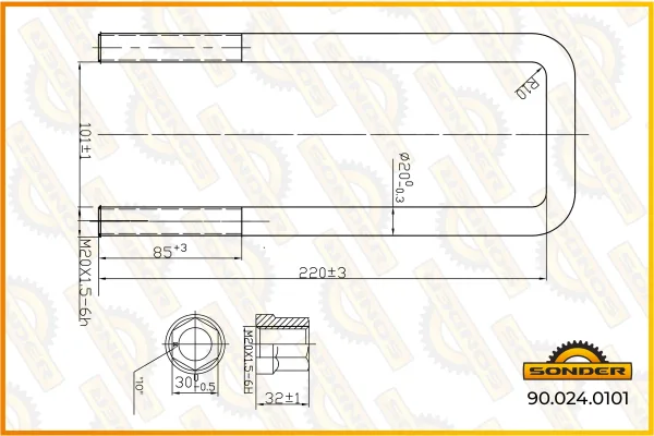 Стремянка рессоры DAF Sonder 90.024.0101, резьба М20×1,5, длина 220 мм, ширина 101 мм