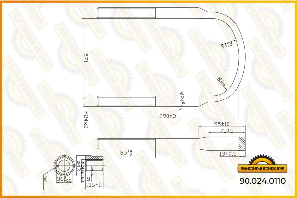 Стремянка рессоры задней подвески грузовая DAF, резьба M24×2, Sonder 90.024.0110