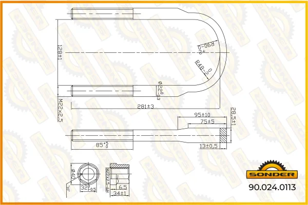 Стремянка рессоры BPW Sonder 90.024.0113, резьба M22, длина 281 мм, ширина 150 мм