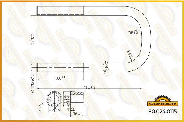 Стремянка рессоры Sonder 90.024.0115, резьба М24×3, для BPW AL, BPW SL, BPW O