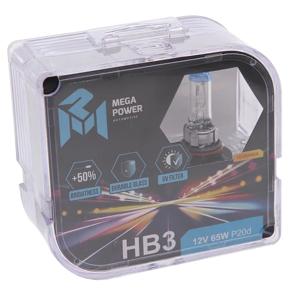 Лампа MEGAPOWER HB3 12 В 65 Вт +50% с цоколем P20d, комплект 2 шт