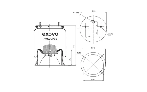 Пневморессора EXOVO 74022cp3e 4022NP03, пластиковый стакан, высота 350 мм, оси SAF