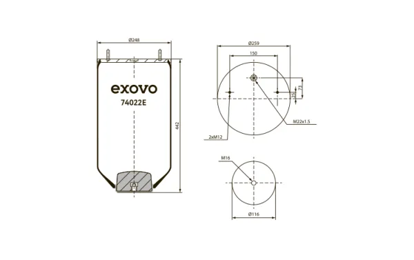 Пневмоамортизатор EXOVO 74022E без стакана, H442, верх 2×M12×1,75, низ M16×2, SAF