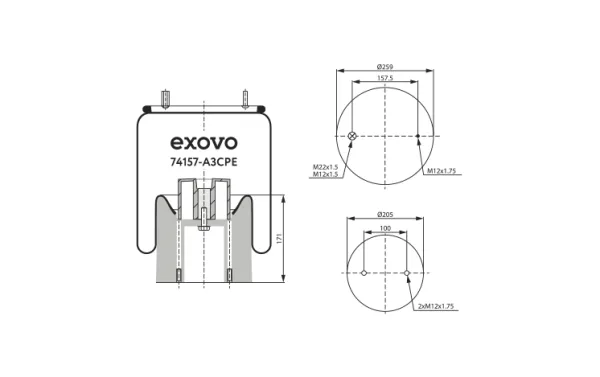 Пневморессора EXOVO 74157-A3CPE с пластиковым стаканом H400, штуцер M12×1,5/M22×1,5