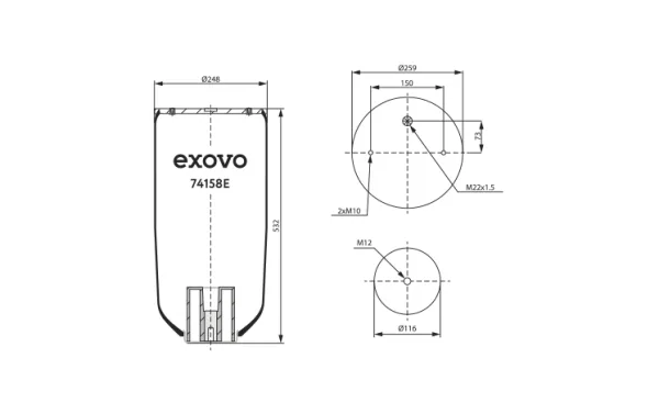 Пневмоамортизатор EXOVO 74158e без стакана, высота 525 мм, верх 2 отв. M10 и M22×1.5