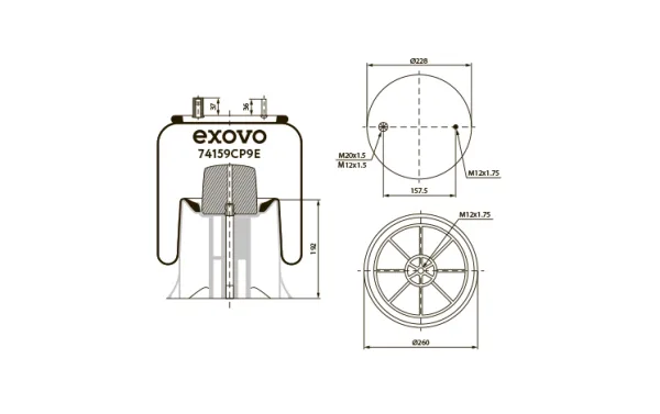 Пневмоамортизатор кабины EXOVO 74159cp9e, высота 400 мм, Ø227 мм, пластиковый стакан, шпилька М12