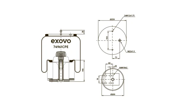 Пневмоамортизатор EXOVO 74961cpe с пластиковым стаканом, высота 423 мм, BPW