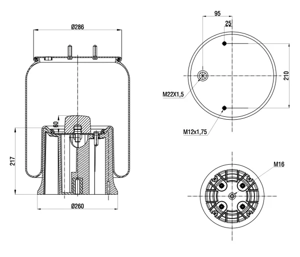 Пневморессора S&K GMBH Premium Line, пластиковый поршень, верх 1×M22 и 2×M12, низ 1×М16