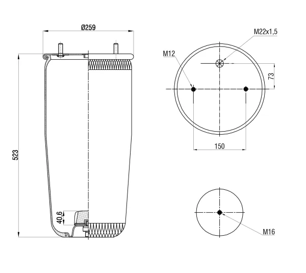 Пневморессора без поршня S&K GMBH Premium Line BPW, верх 1×M22 и 2×M12, низ 1×М16