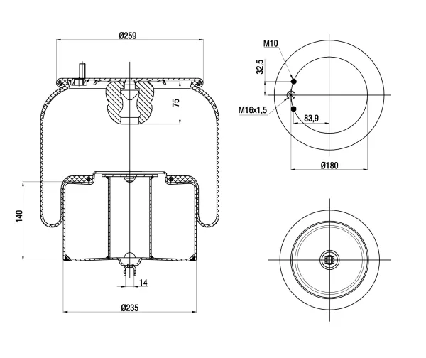 Пневморессора S&K GMBH SK-0010027-01, металлический поршень, верх 1*M18 и 2*M10