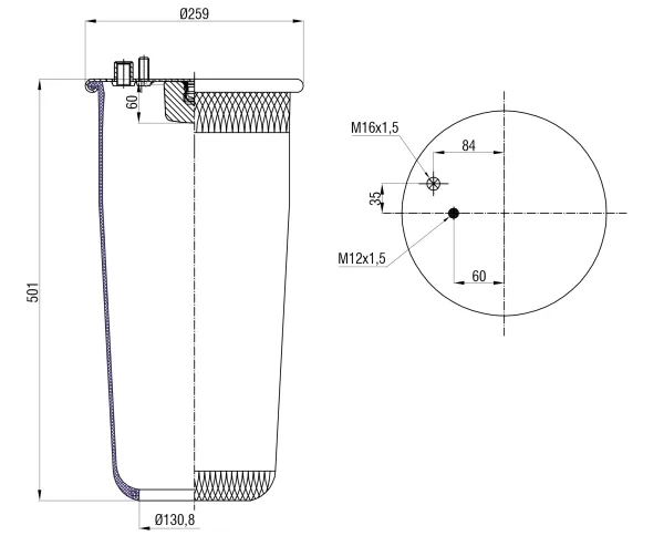 Пневморессора без поршня S&K GMBH SK-0010031-01, верх 1×М16 и 1×M12, высота 503 мм