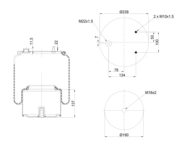 Пневморессора S&K GMBH SK-0010050-01, металлический поршень, верх 2*M22 и 2*M10, низ M16
