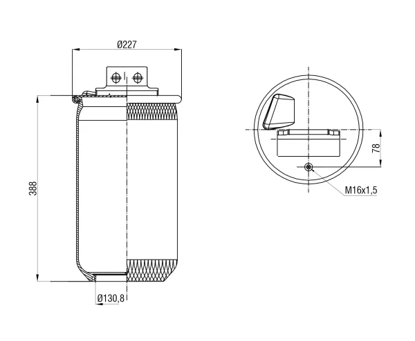 Пневморессора без поршня S&K GMBH SK-0010051-01, верх 1×M16, Ø190/229 мм, Iveco