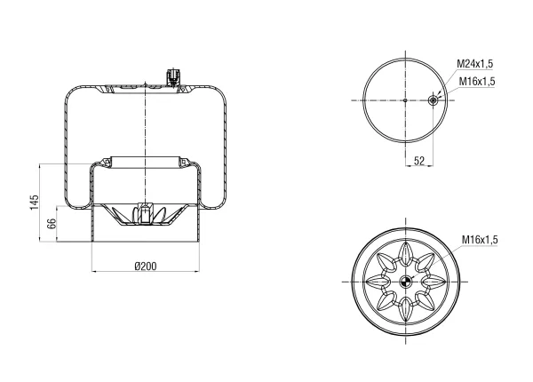 Пневморессора S&K GMBH Premium Line, поршень металл, верх 1×М24, низ 1×М16, Mercedes-Benz
