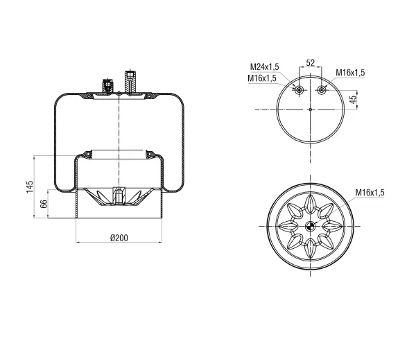 Пневморессора с металлическим поршнем Mercedes-Benz, верх 1×M24 и 1×M16, низ 1×M16