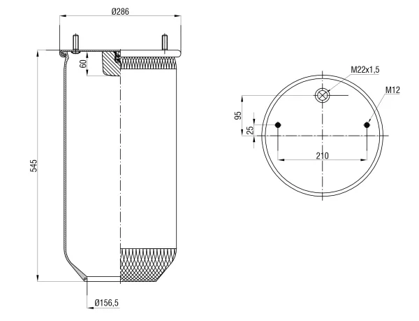 Пневморессора без поршня S&K GMBH SK-0283P-01, верх 1×M22 и 2×M12, высота 380 мм