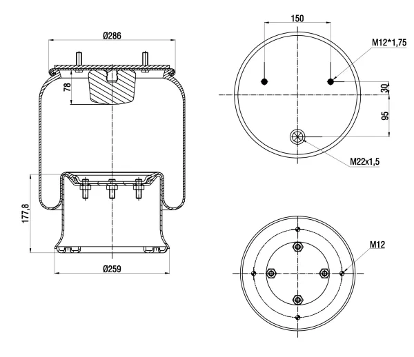 Пневморессора S&K GMBH SK-0285K-01, металлический поршень, Ø 287 мм, высота 548 мм