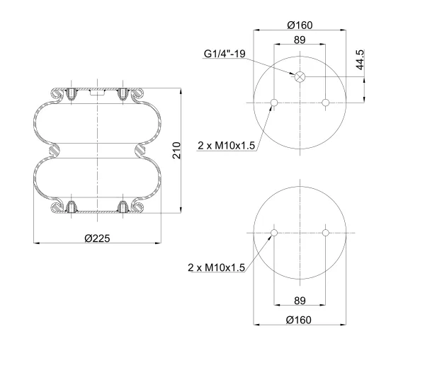 Пневморессора S&K GMBH SK-113001-01PL Premium Line, верх G 1/4 и 2×M10, низ 2×M10