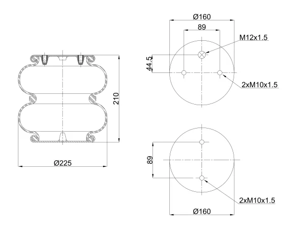 Пневморессора двойной сильфон S&K GMBH SK-113002-01, верх 1*М12 и 2*M10, низ 2*М10