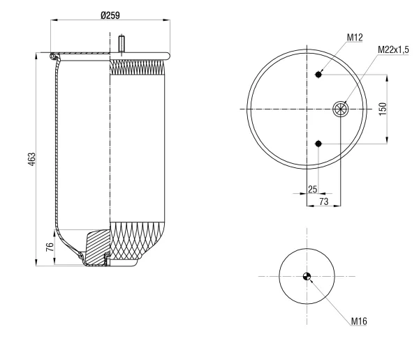 Пневморессора без поршня S&K GMBH Premium Line, верх 1×M22 и 2×M12, низ M16, SAF