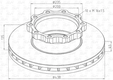 Диск тормозной вентилируемый MAN 438x45 мм, 10 отверстий М16×1,5, передняя ось