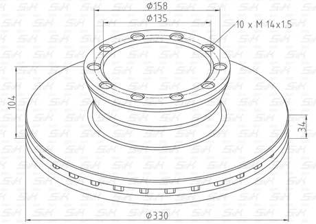 Диск тормозной вентилируемый MAN 330×104×34 мм, 10 отверстий М14×1,5, S&K GMBH