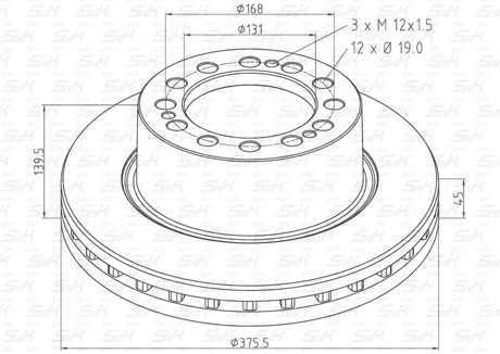 Диск тормозной вентилируемый S&K GMBH 374,5x139,5x45, 12 отв. d19, MAN, SAF