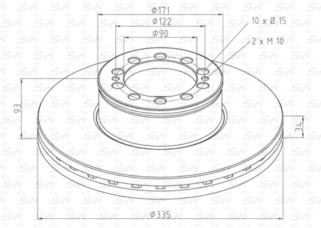 Диск тормозной вентилируемый 335x93x34 мм, 10 отверстий d15, передняя ось MAN