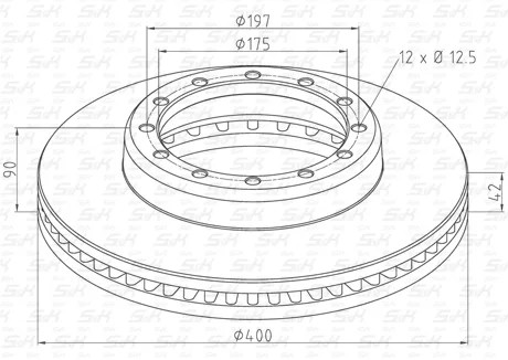 Диск тормозной вентилируемый передний 400x90x42 мм, 12 отверстий d12,5, S&K GMBH