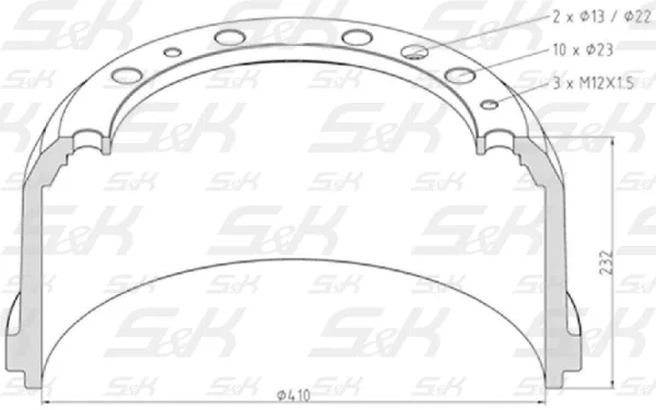 Барабан тормозной передний S&K GMBH 468/410 мм, высота 232 мм, 10 отв. 23 мм