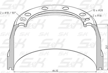 Барабан тормозной передний S&K GMBH SK-3140015-01, Ø410 × 175 мм, высота 261 мм, 10 отверстий