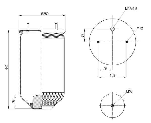Пневморессора S&K GMBH Premium Line без поршня для осей SAF, верх 1×M22 и 2×M12, низ М16