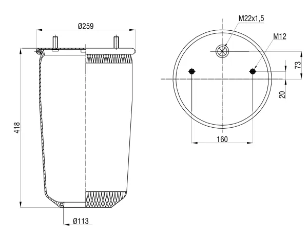 Пневморессора S&K GMBH SK-4007P-01PL Premium Line, крепление сверху 1×M22 и 1×M12