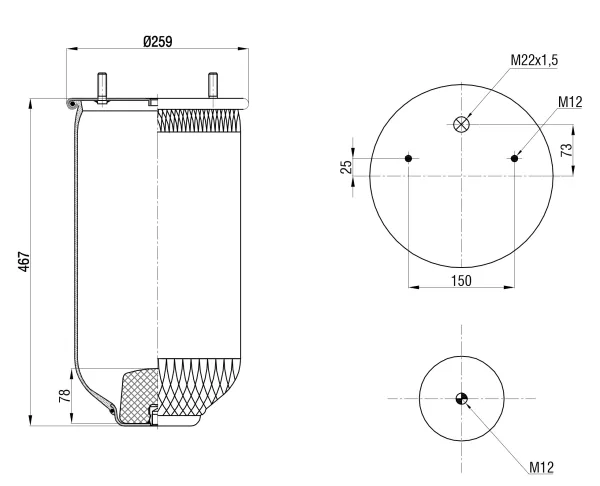 Пневморессора без поршня S&K GMBH SK-4022P-01PL для осей SAF, верх 1*М22 и 2*M12