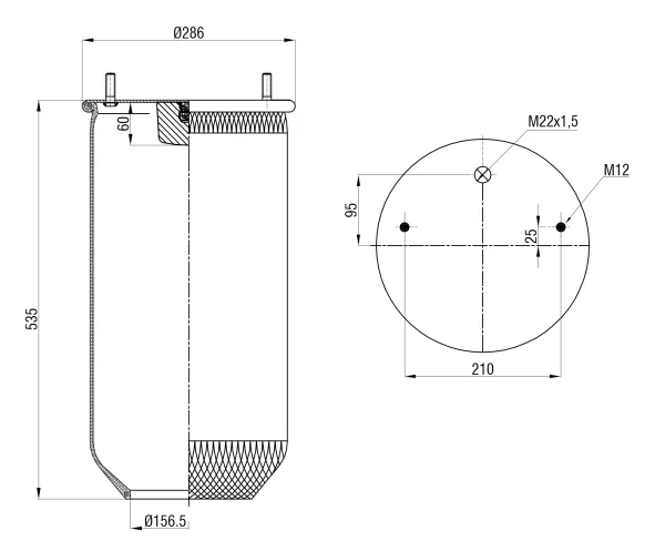 Пневморессора без поршня S&K GMBH SK-4028P-01, верхнее крепление 1*M22 и 2*M12