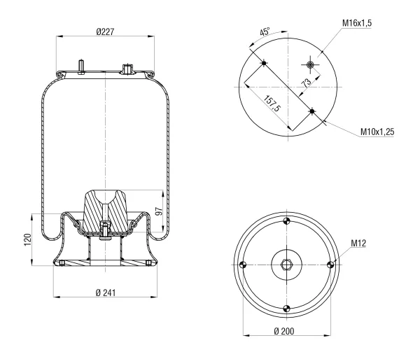Пневморессора S&K GMBH SK-4154K-01, металлический поршень, верх 1*M16 и 2*M10, низ 4*M12