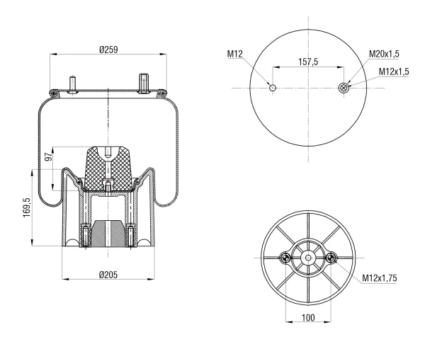 Пневморессора S&K GMBH Premium Line, пластиковый поршень, высота 173 мм, верх 1*M20, 2*M12