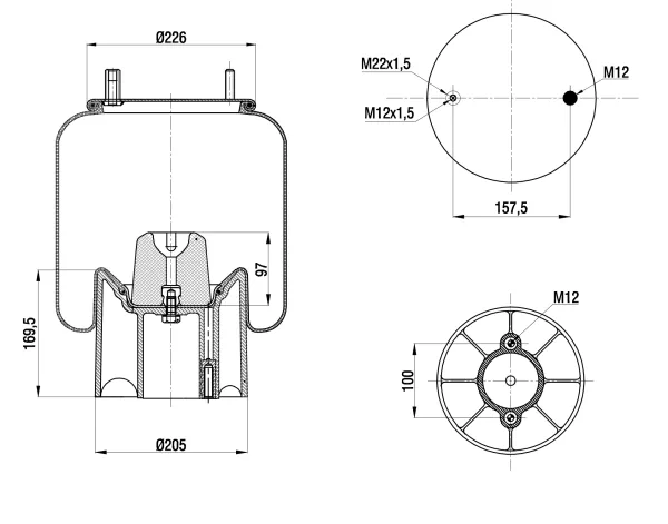 Пневморессора S&K GMBH Premium Line, поршень пластик, верх 1×M22 и 1×M12, низ 2×M12