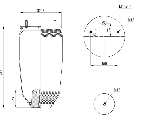 Пневморессора без поршня S&K GMBH SK-4157P-01PL, верх 1*M22 и 2*M12, низ 1*M12