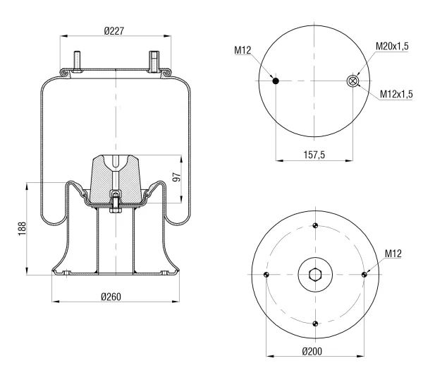 Пневморессора S&K GMBH SK-4159-02K-01, металлический поршень, верх M20/M12, низ 4×M12