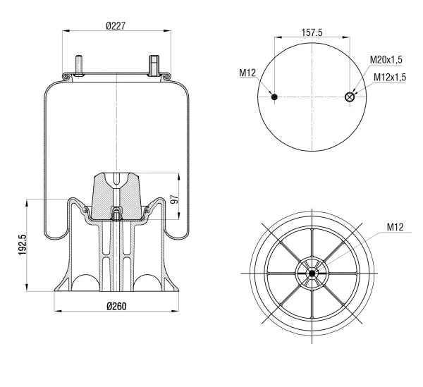 Пневморессора S&K GMBH SK-4159-02KP-01, пластиковый поршень, верх M20/M12, низ M12