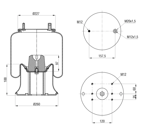 Пневморессора S&K GMBH SK-4159K-01, металлический поршень, верх M20/M12, низ 6×M12
