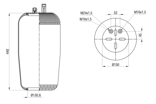 Пневморессора Mercedes-Benz SK-4390-02P-01, верхнее крепление 1×M24 и 1×M16