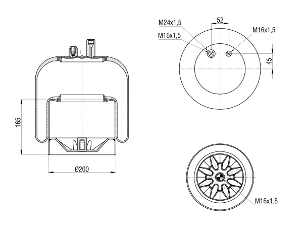 Пневморессора S&K GMBH Premium Line, поршень металлический, верх 1×M24, низ 1×М16