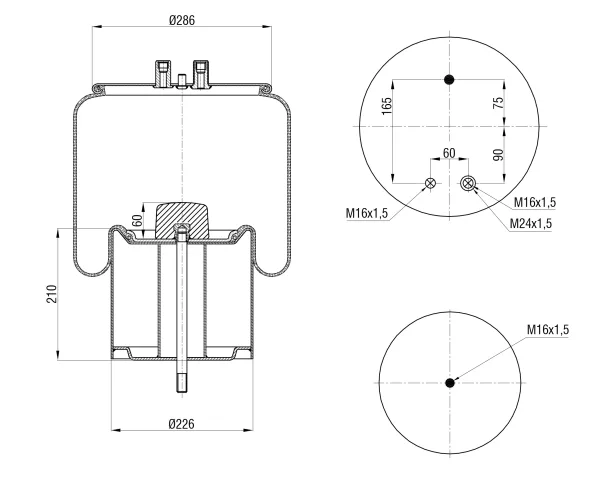 Пневморессора S&K GMBH Premium Line SK-4912K-01PL, поршень металл, верх M24 и M16, низ M16