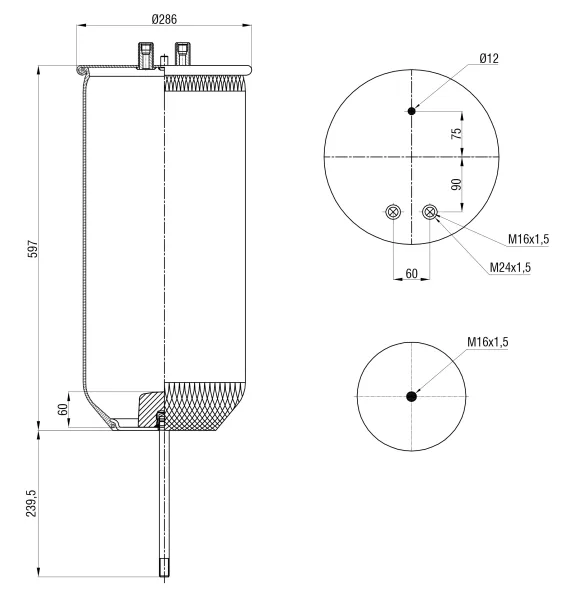Пневморессора S&K GMBH SK-4912P-01PL, 280/590 мм, верх 2*M24, низ 1*М16, Premium Line