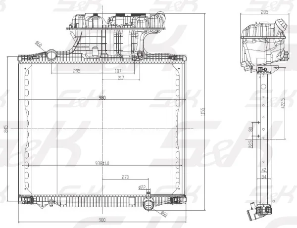 Радиатор охлаждения двигателя MAN S&K GMBH 938 × 765 × 42 мм с бачком